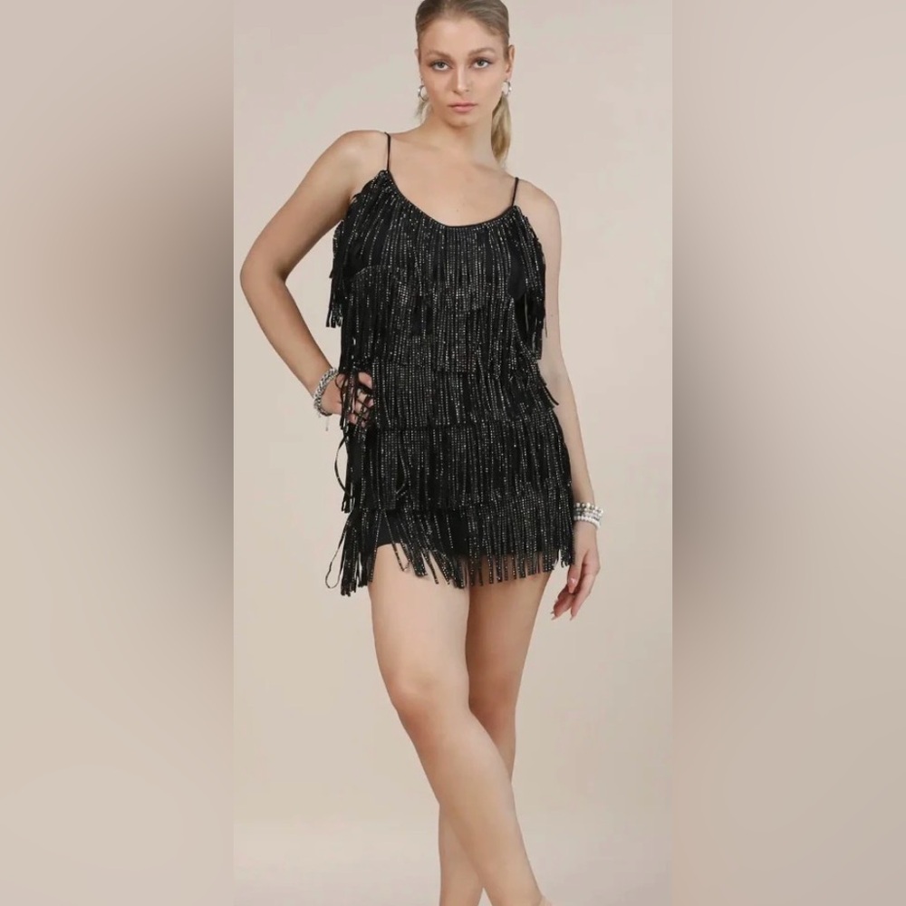 Nylon Apparel NWOT Black Western Stud Fringe Mini Dress Size S